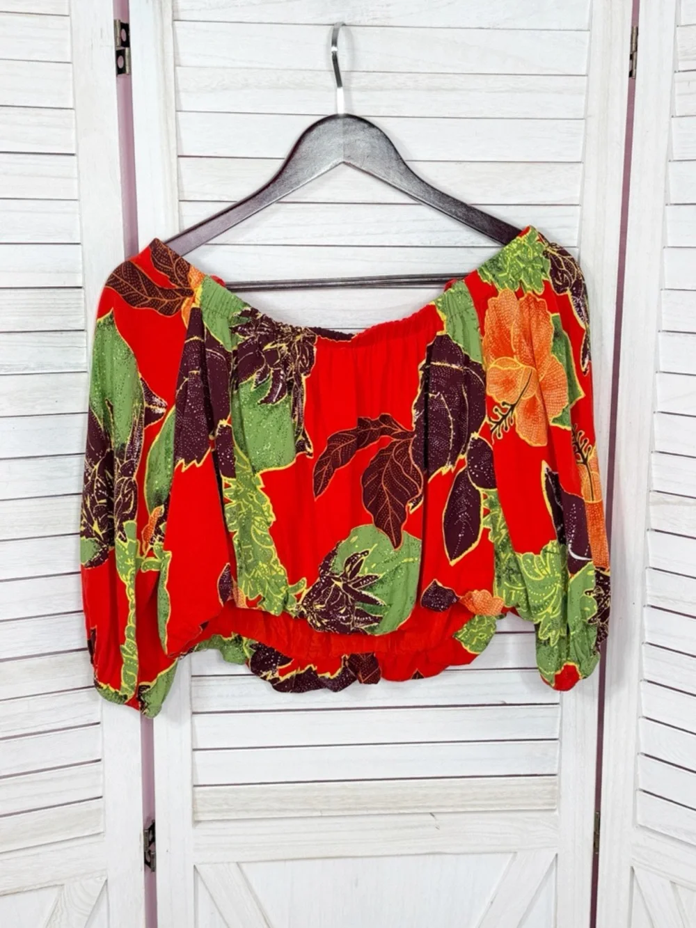 Free People Boho Tropical Flower‎ Print Off Shoulder Puff Sleeve Crop Top Red XS